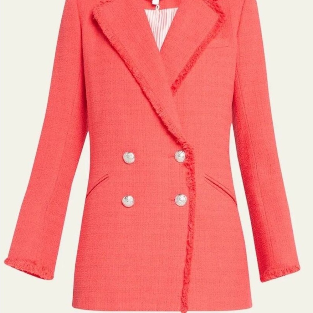 Veronica Beard Pinky Coral Double-Breasted Frayed Nubby Weave Dicky Blazer
